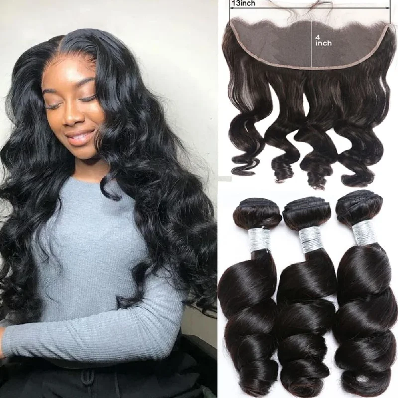 13*4 Frontal and 3 Bundles Loose Wave  Swiss Lace Virgin Human Hair