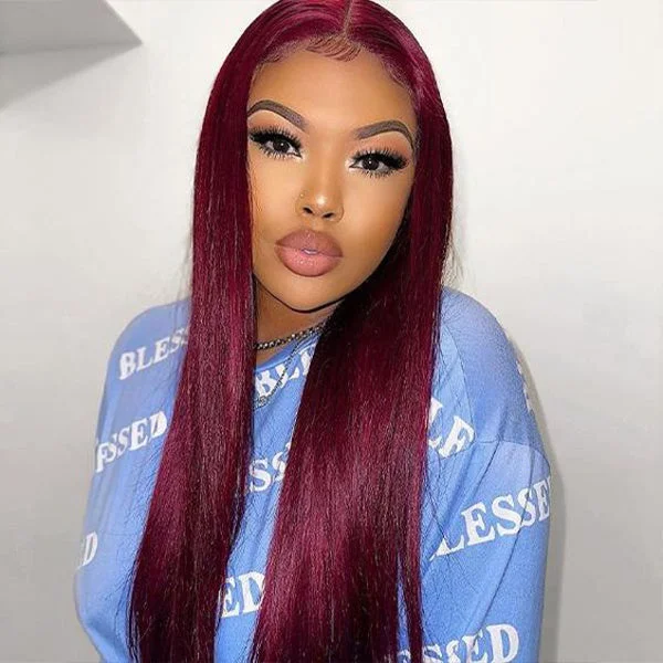 Pre-cut Lace Wig Straight Hair 99J Burgundy Color Wear Go Glueless Wig 4x6 HD Lace Wig Preplucked with Natural Hairline