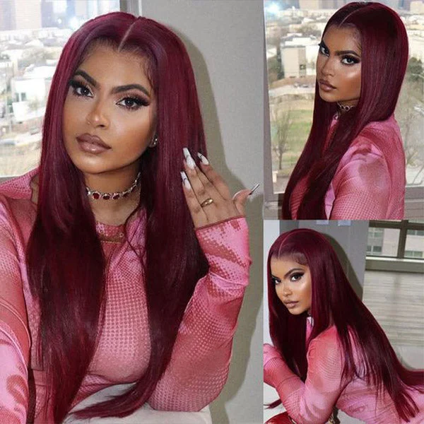 Pre-cut Lace Wig Straight Hair 99J Burgundy Color Wear Go Glueless Wig 4x6 HD Lace Wig Preplucked with Natural Hairline