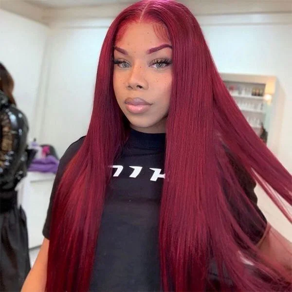 Pre-cut Lace Wig Straight Hair 99J Burgundy Color Wear Go Glueless Wig 4x6 HD Lace Wig Preplucked with Natural Hairline