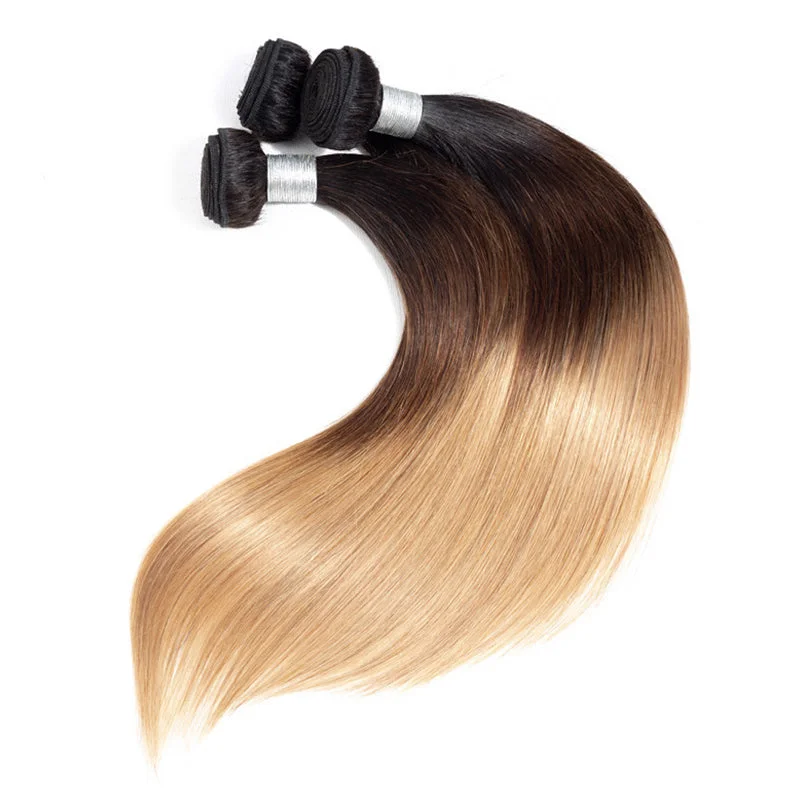 Ombre Straight Hair Bundles With Closure Brazilian Virgin Remy Human Hair 3 Tone T1B/4/27 Color