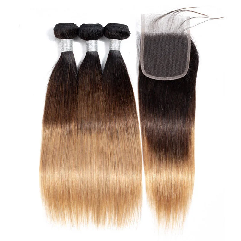 Ombre Straight Hair Bundles With Closure Brazilian Virgin Remy Human Hair 3 Tone T1B/4/27 Color