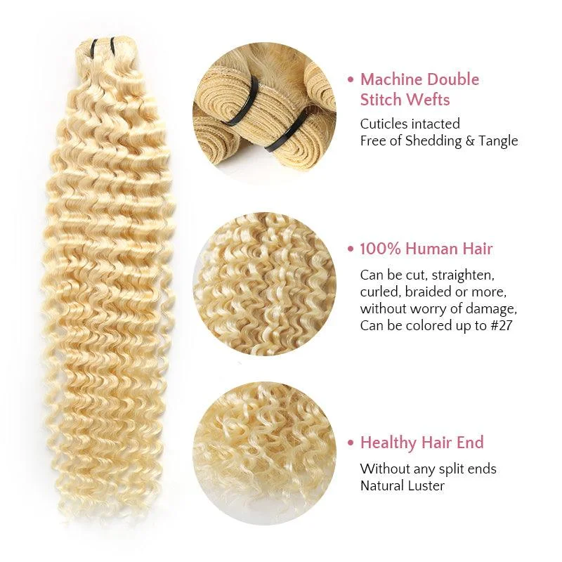 #613 Blonde Curly Wave Virgin Human Hair Bundle Deal With Closure Frontal