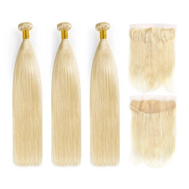 #613 Blonde Straight Virgin Human Hair Bundle Deal With Closure Frontal