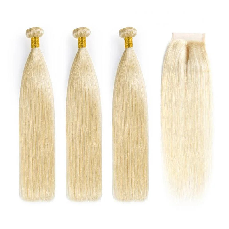 #613 Blonde Straight Virgin Human Hair Bundle Deal With Closure Frontal