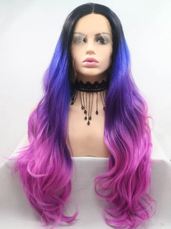 Black Root Smog Blue To Purple Wavy Lace Front Wig 143