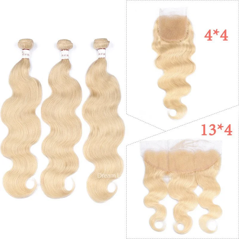 Blonde Color Body Wave Hair Bundles Deal With Closure Transparent Lace Frontal