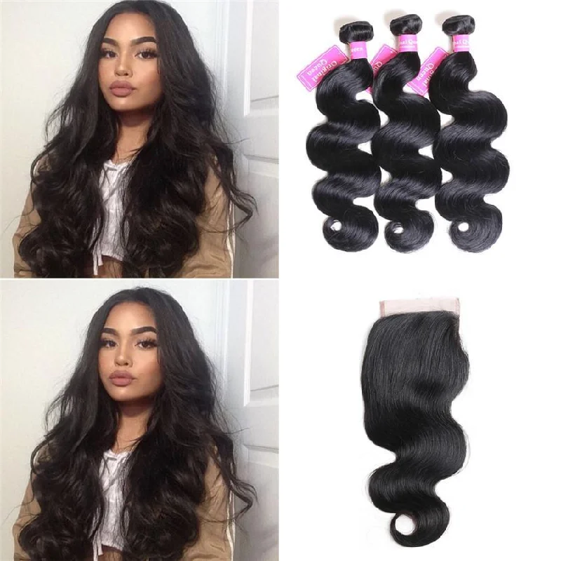 Body Wave 3 Bundles with 4*4 Lace Closure Human Virgin Hair -OQHAIR