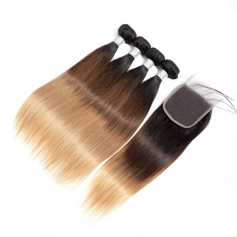 Ombre Straight Hair Bundles With Closure Brazilian Virgin Remy Human Hair 3 Tone T1B/4/27 Color | Flash Sale