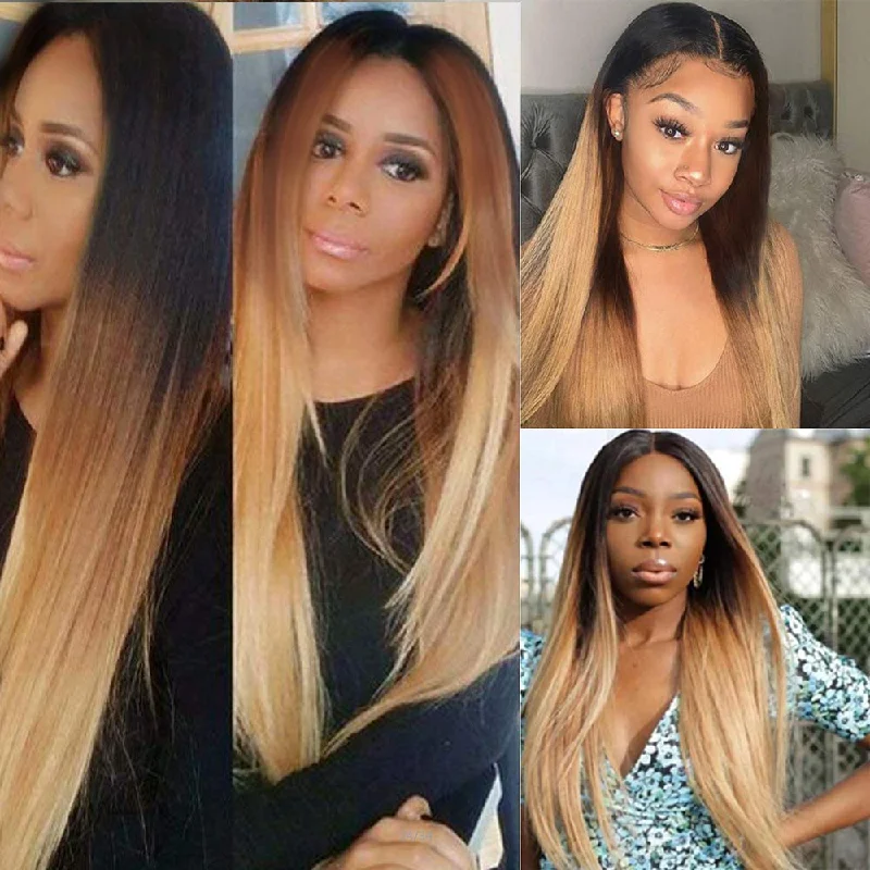 Ombre Straight Hair Bundles With Closure Brazilian Virgin Remy Human Hair 3 Tone T1B/4/27 Color | Flash Sale