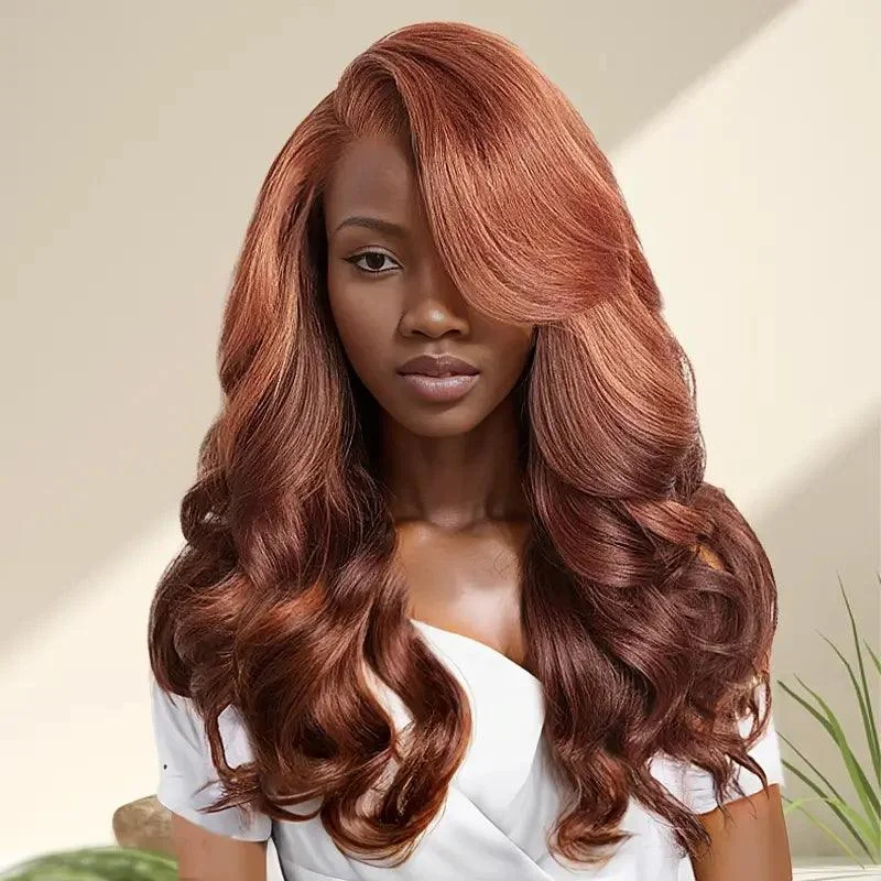 7x5 13x4 C Part Glueless Copper Brown Layered Wear Go Wavy Human Hair Frontal Wig