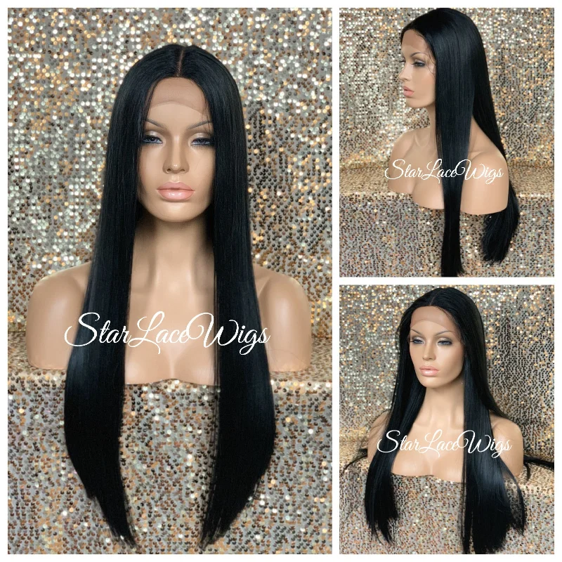 Long Straight Lace Front Wig Black Brown Middle Part Baby Hair Synthetic - Karmen