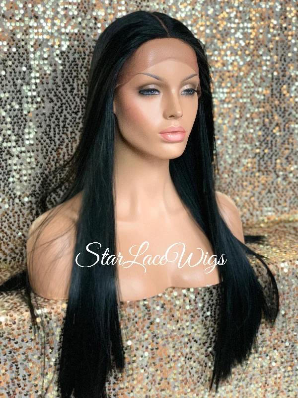 Long Straight Lace Front Wig Black Brown Middle Part Baby Hair Synthetic - Karmen