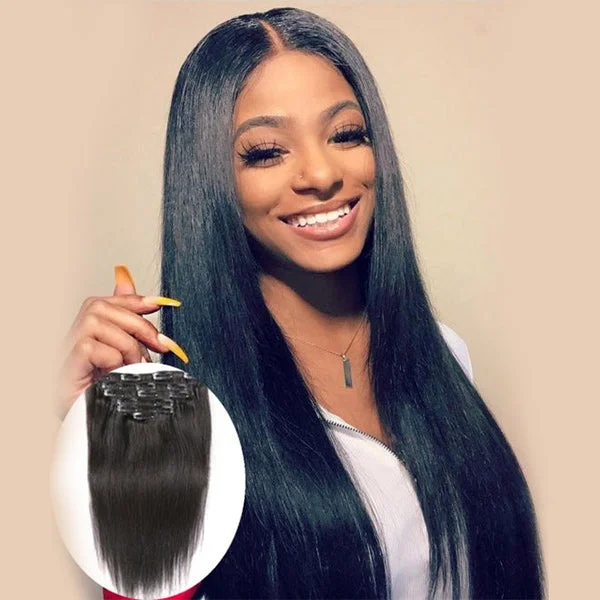 OQHAIR Straight Hair Clip In Extension Human Hair Natural Black Color