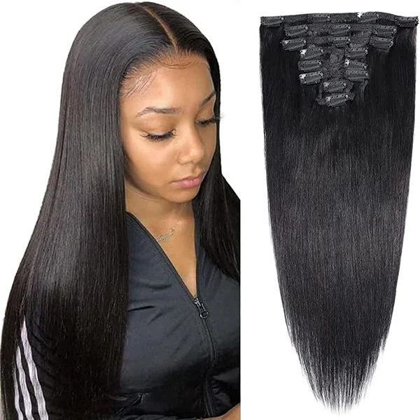 OQHAIR Straight Hair Clip In Extension Human Hair Natural Black Color