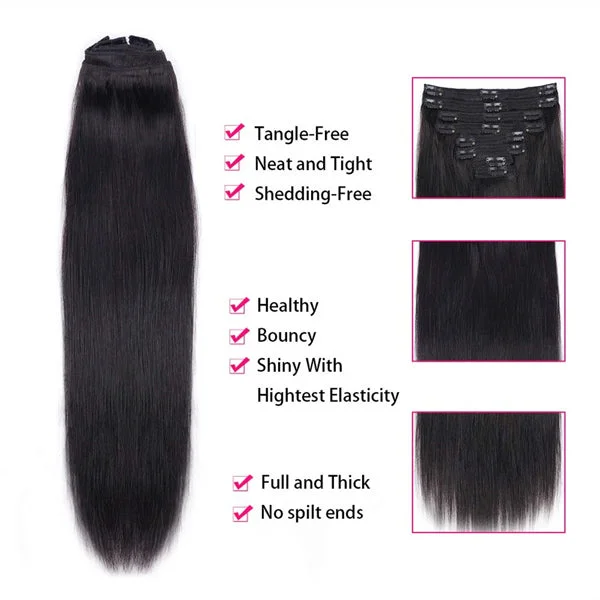 OQHAIR Straight Hair Clip In Extension Human Hair Natural Black Color