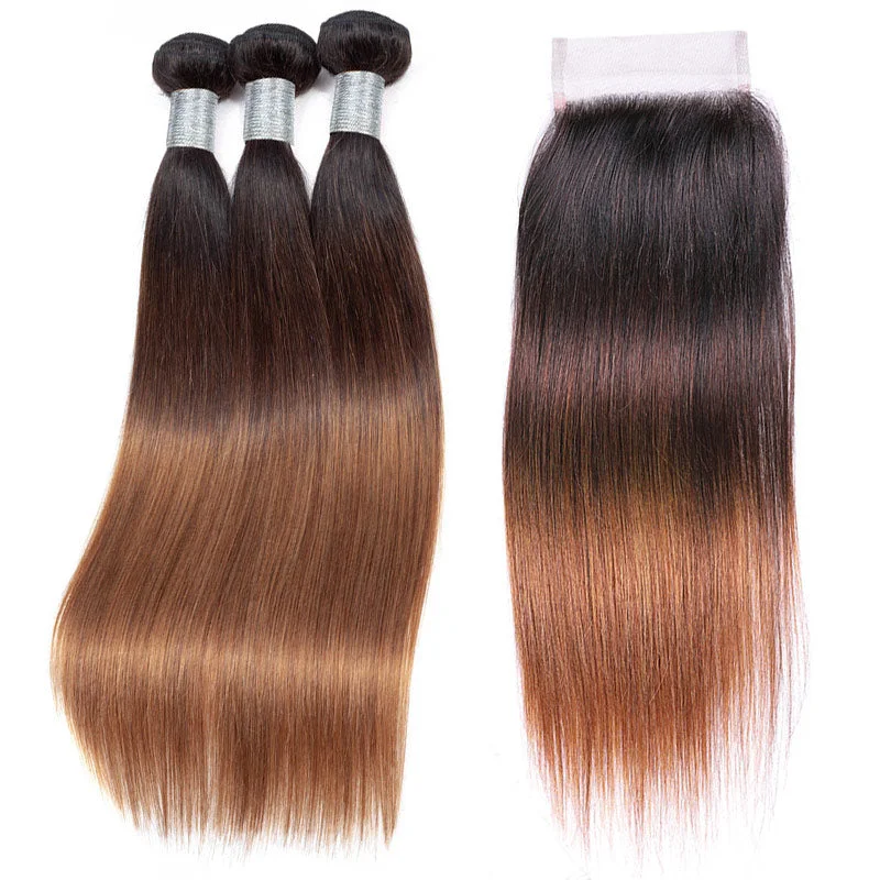 Ombre Brown Straight Hair Bundles With Frontal Closure Brazilian Virgin Remy Human Hair 3 Tone T1B/4/30 Color|Flash Sale