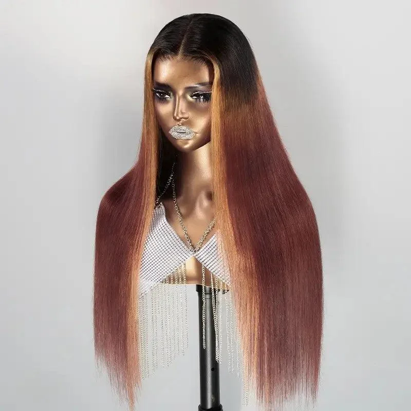 7x5 13x4 Glueless Gradient Reddish Brown Straight Human Hair Frontal Wig