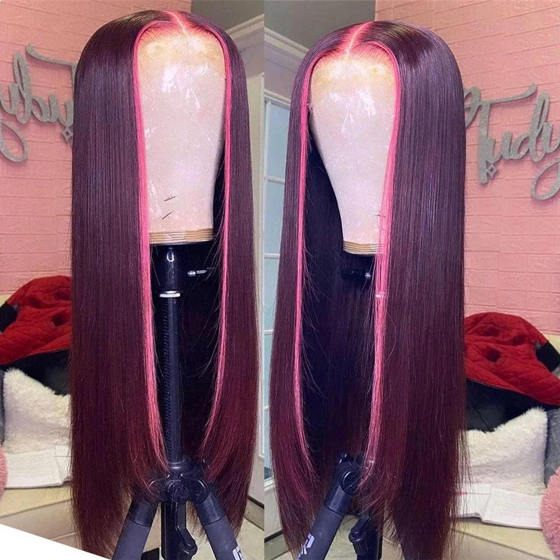 Hot Look Burgundy Color With Pink Highlight 13x4 Lace Front Wigs Stright HaIrstyle