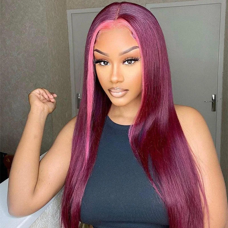 Hot Look Burgundy Color With Pink Highlight 13x4 Lace Front Wigs Stright HaIrstyle