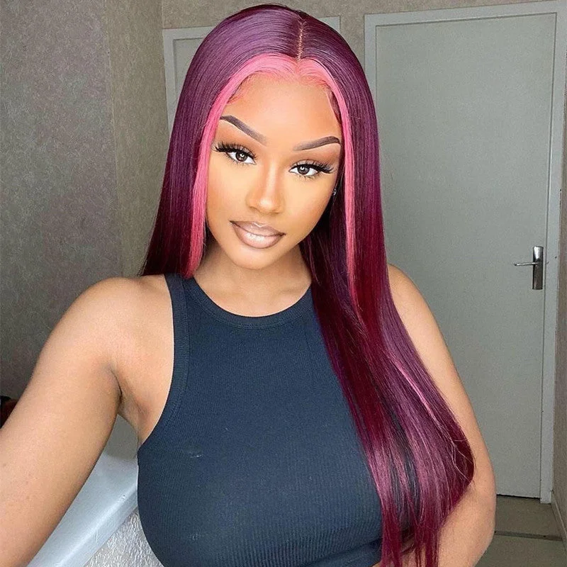 Hot Look Burgundy Color With Pink Highlight 13x4 Lace Front Wigs Stright HaIrstyle