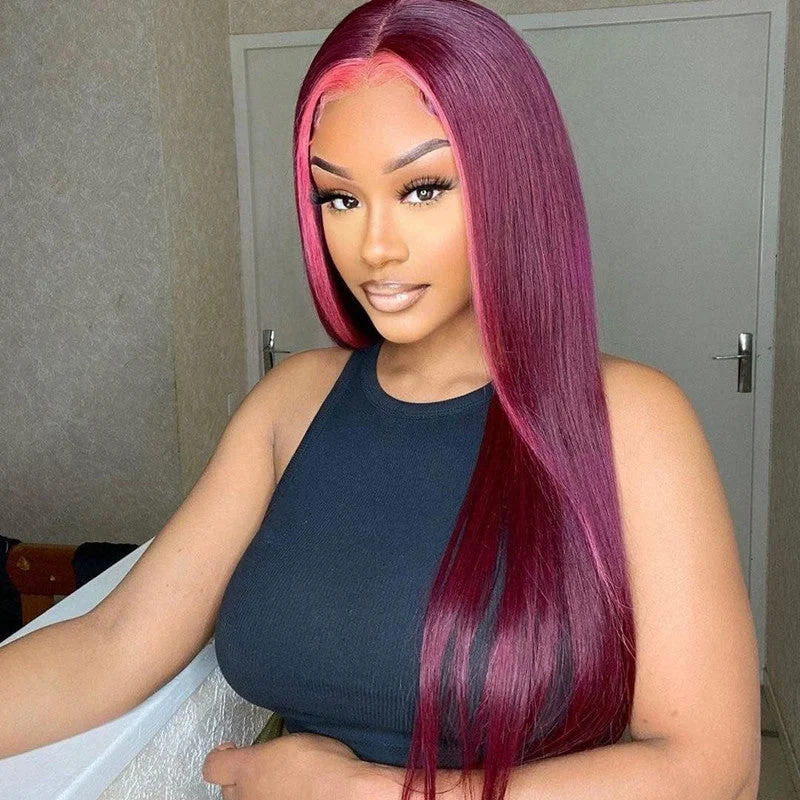 Hot Look Burgundy Color With Pink Highlight 13x4 Lace Front Wigs Stright HaIrstyle