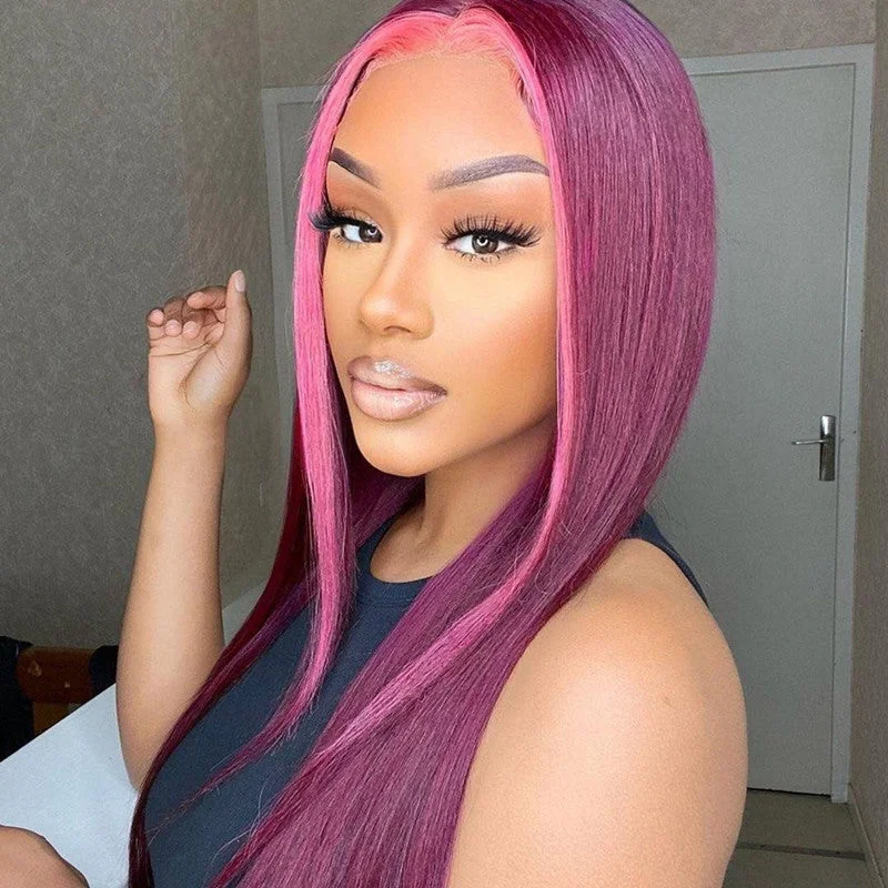 Hot Look Burgundy Color With Pink Highlight 13x4 Lace Front Wigs Stright HaIrstyle