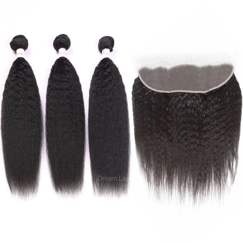 Kinky Straight Hair Bundles with Transparent Lace HD Lace 13x4 Lace Frontal