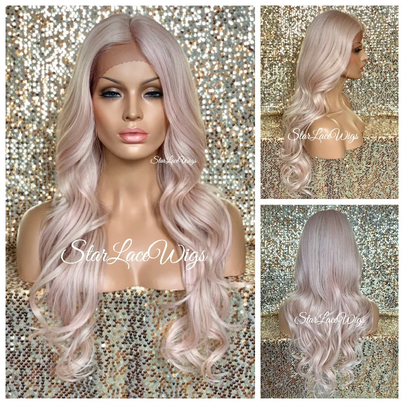 Lace Front Wig Light Pink Long Loose Curls Middle Part - Sara