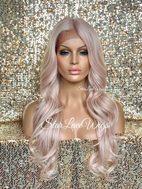 Lace Front Wig Light Pink Long Loose Curls Middle Part - Sara