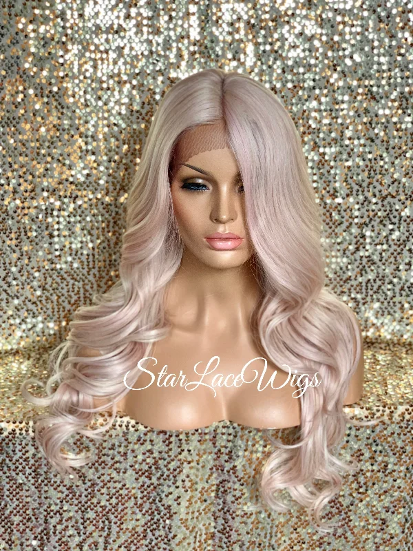 Lace Front Wig Light Pink Long Loose Curls Middle Part - Sara