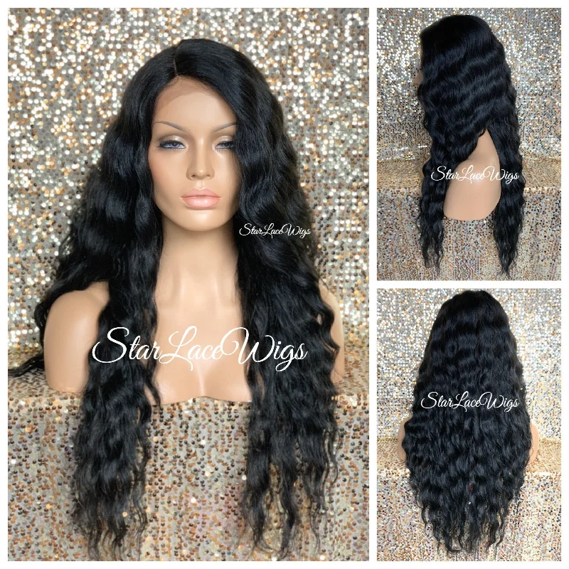 Long Black Wavy Synthetic Lace Front Wig Middle Part Layers - Kandy