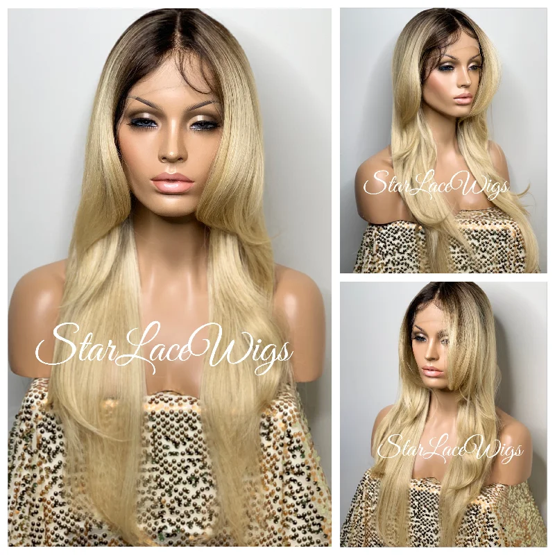 Long Blonde Straight Synthetic Lace Front Wig Dark Roots Layers - Amy