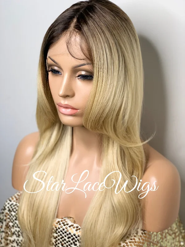 Long Blonde Straight Synthetic Lace Front Wig Dark Roots Layers - Amy