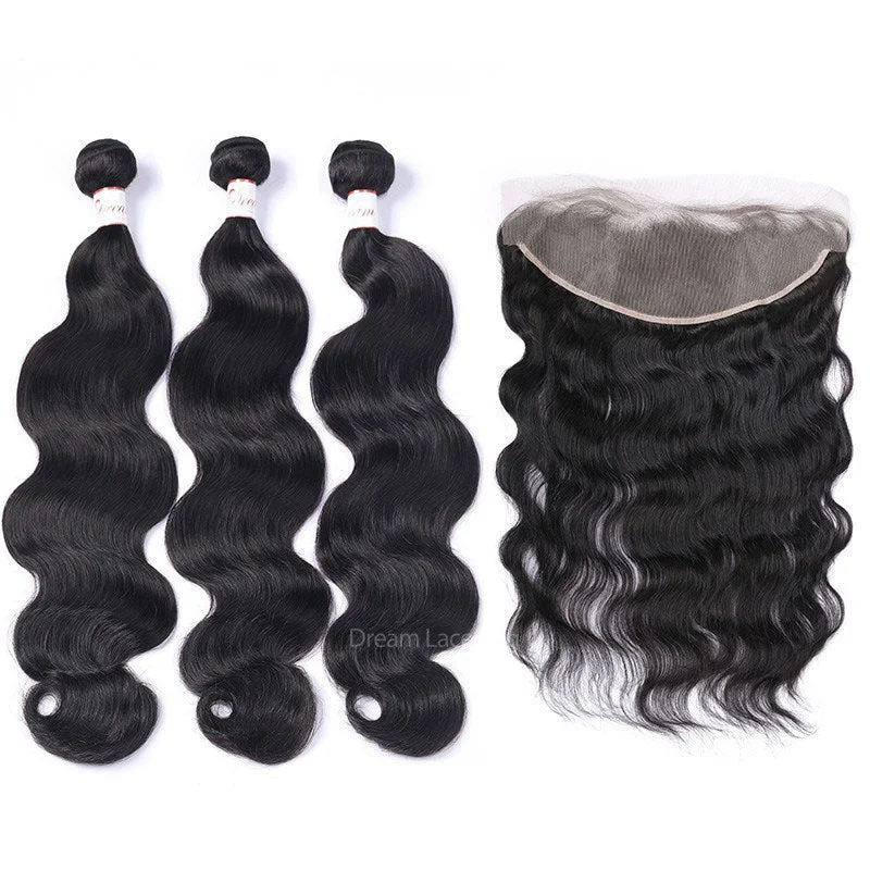 Natural Color Body Wave Hair Bundles with Transparent Lace HD Lace 13x4 Lace Frontal