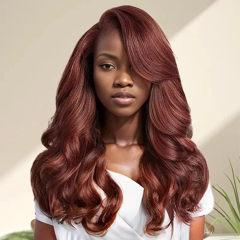 7x5 13x4 C Part Glueless Reddish Brown Body Wave Human Hair Frontal Wig