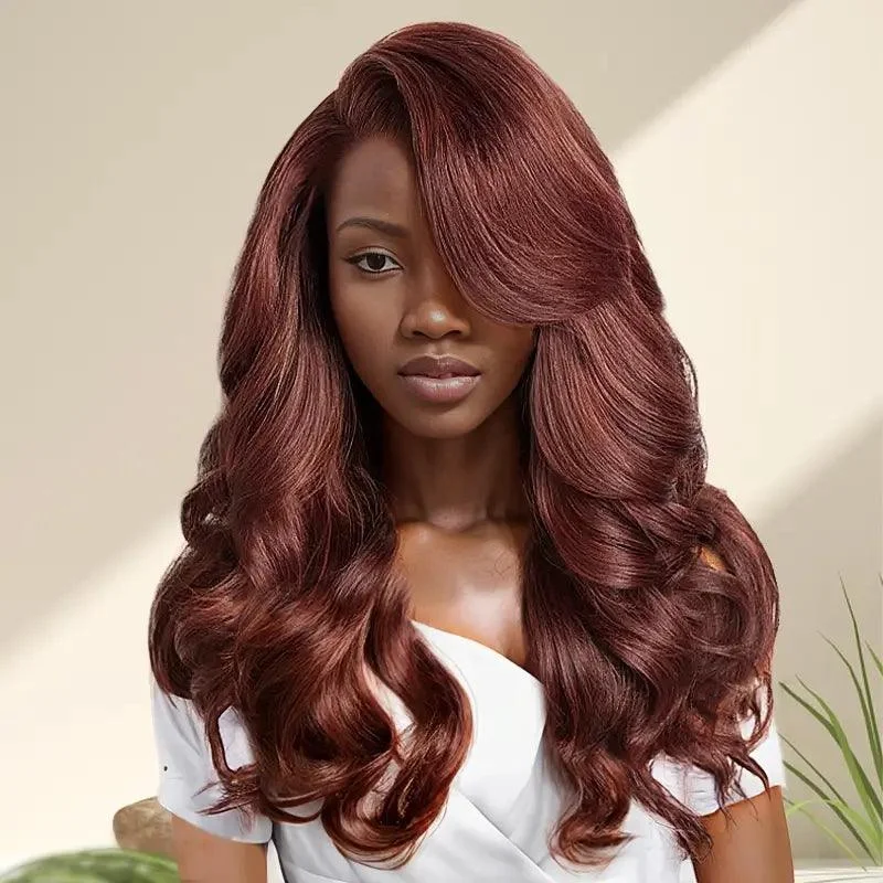 7x5 13x4 C Part Glueless Reddish Brown Body Wave Human Hair Frontal Wig