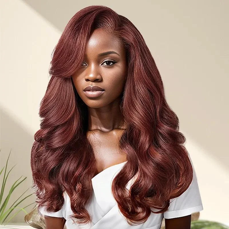 7x5 13x4 C Part Glueless Reddish Brown Body Wave Human Hair Frontal Wig