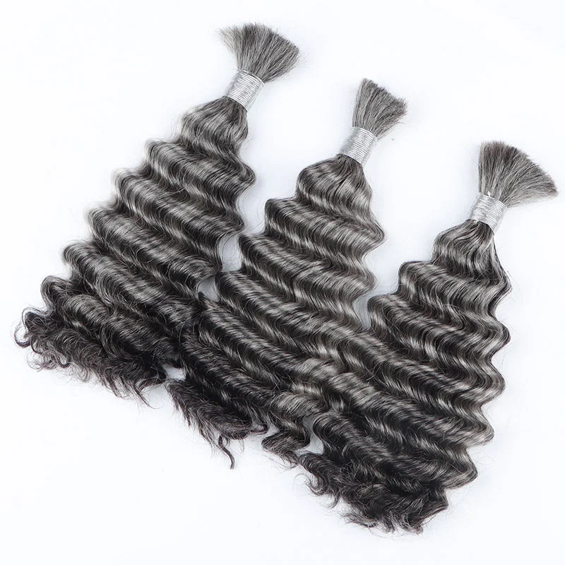 Salt And Pepper Bulk Hair For Braiding Deep Wave Human Hair 1/2/3/4 Pcs Grey Hair Extensions