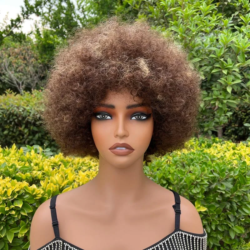 Short Highlight Fluffy Afro Kinky Curly Wig With Bangs Human Hair P4/27 Ombre Glueless Wig