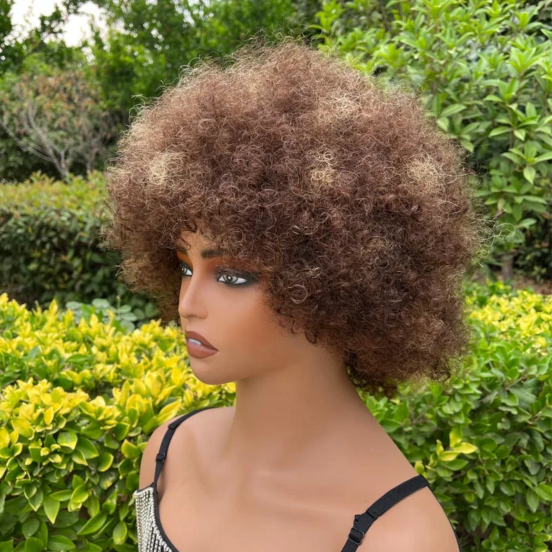 Short Highlight Fluffy Afro Kinky Curly Wig With Bangs Human Hair P4/27 Ombre Glueless Wig