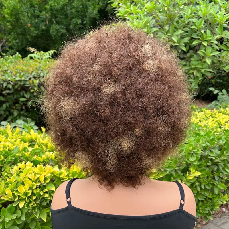 Short Highlight Fluffy Afro Kinky Curly Wig With Bangs Human Hair P4/27 Ombre Glueless Wig