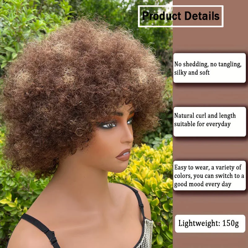 Short Highlight Fluffy Afro Kinky Curly Wig With Bangs Human Hair P4/27 Ombre Glueless Wig