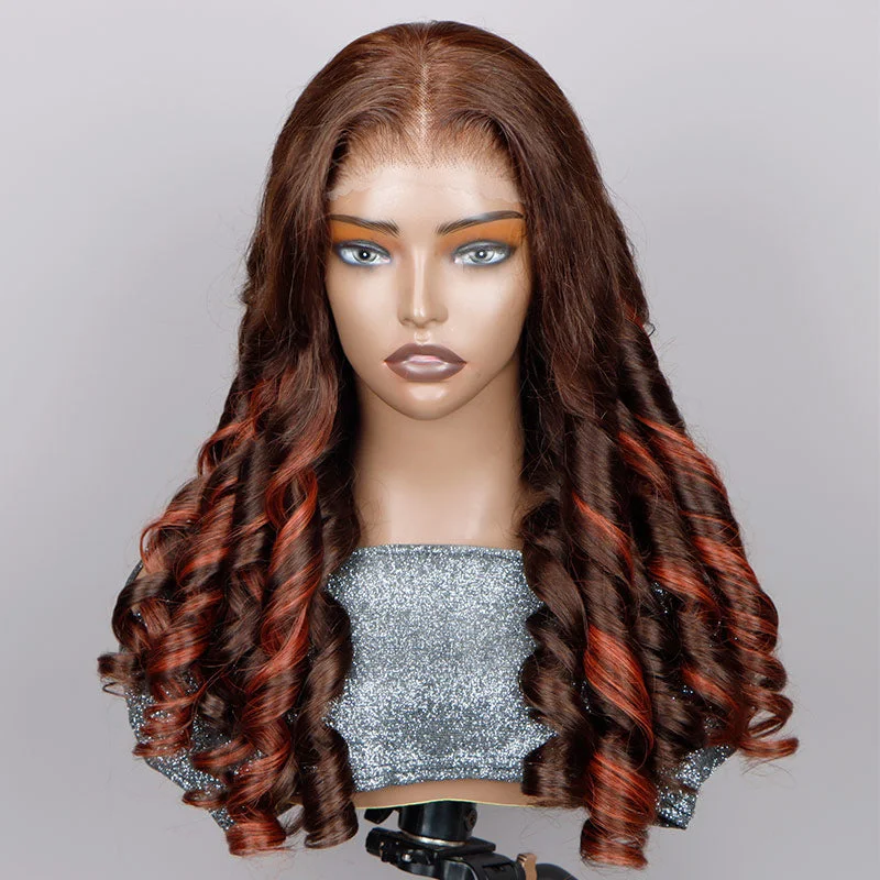 Red Copper Peekaboo Balayage Highlight Brown Wig Long Loose Wave Hair Glueless 6x4 Pre Cut Pre Bleached Lace Wig