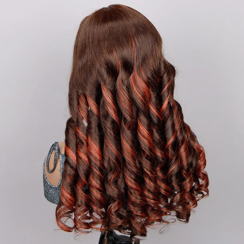 Red Copper Peekaboo Balayage Highlight Brown Wig Long Loose Wave Hair Glueless 6x4 Pre Cut Pre Bleached Lace Wig