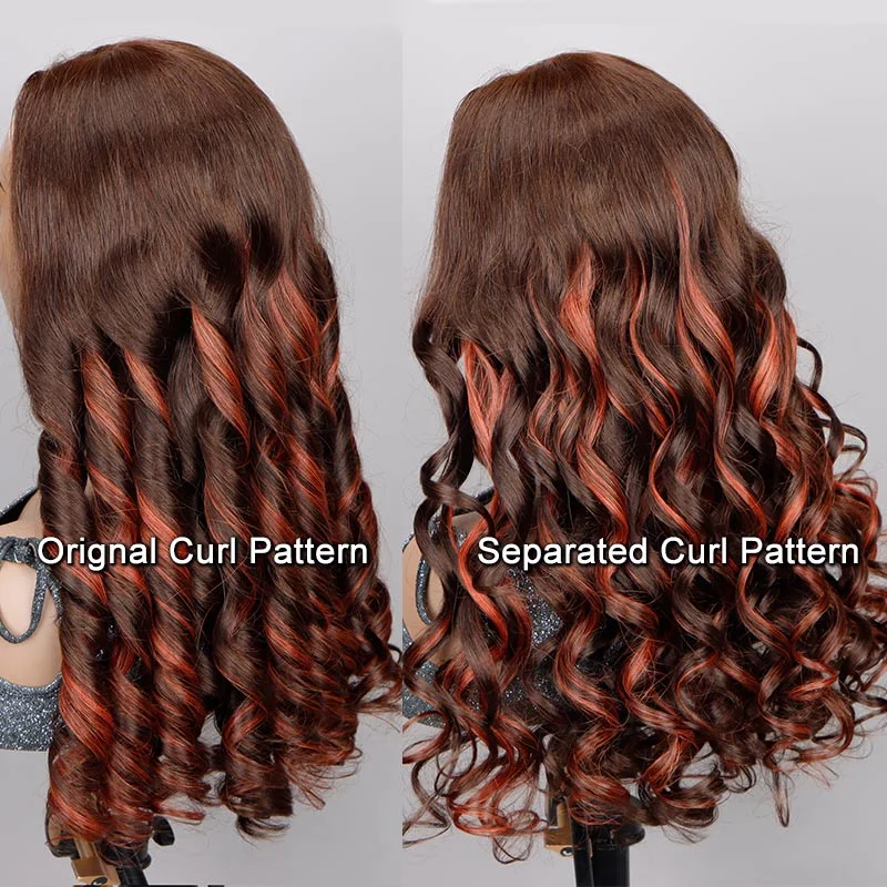 Red Copper Peekaboo Balayage Highlight Brown Wig Long Loose Wave Hair Glueless 6x4 Pre Cut Pre Bleached Lace Wig