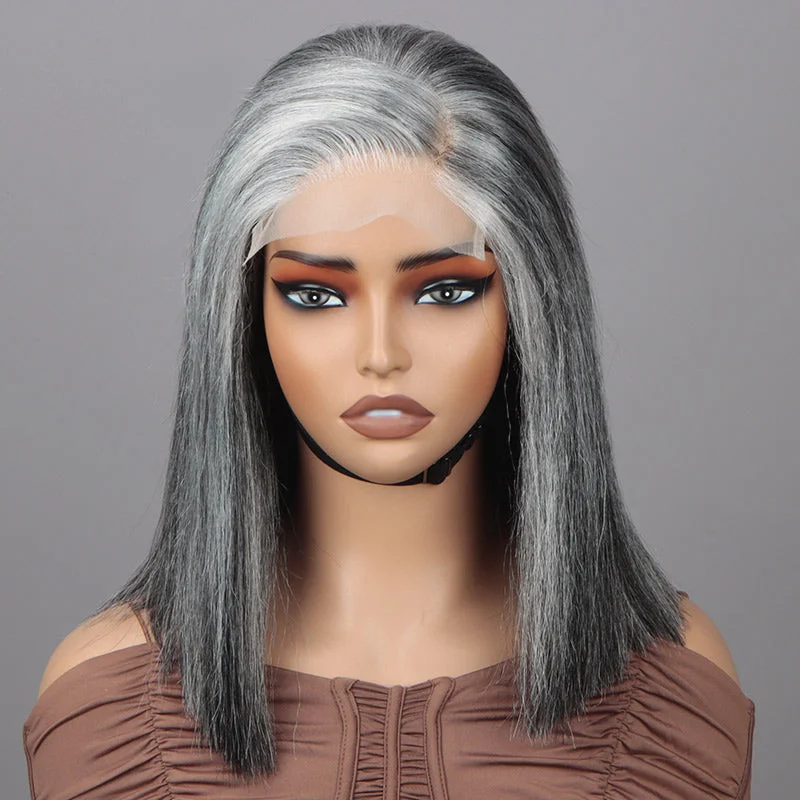 Salt And Pepper Straight Bob Wig For Seniors More Grey Real Human Hair 5x5 HD Lace Wigs For Women Over 50