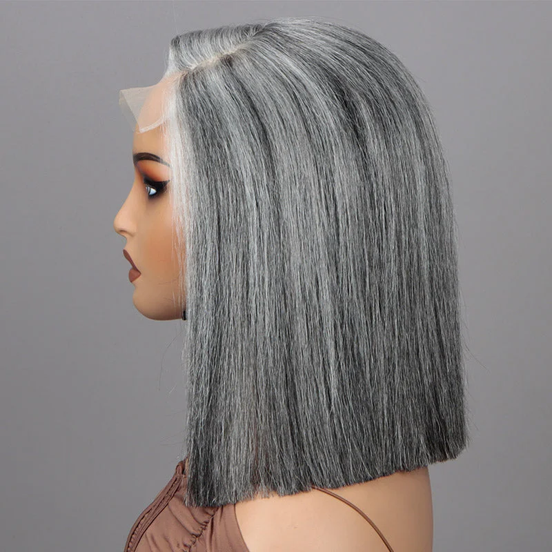 Salt And Pepper Straight Bob Wig For Seniors More Grey Real Human Hair 5x5 HD Lace Wigs For Women Over 50