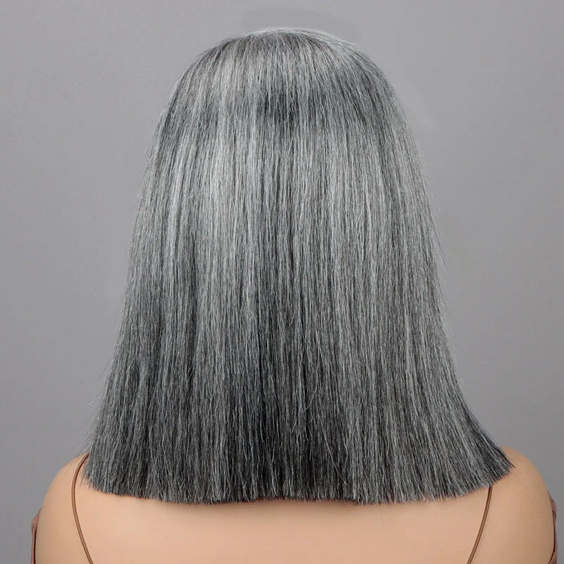 Salt And Pepper Straight Bob Wig For Seniors More Grey Real Human Hair 5x5 HD Lace Wigs For Women Over 50