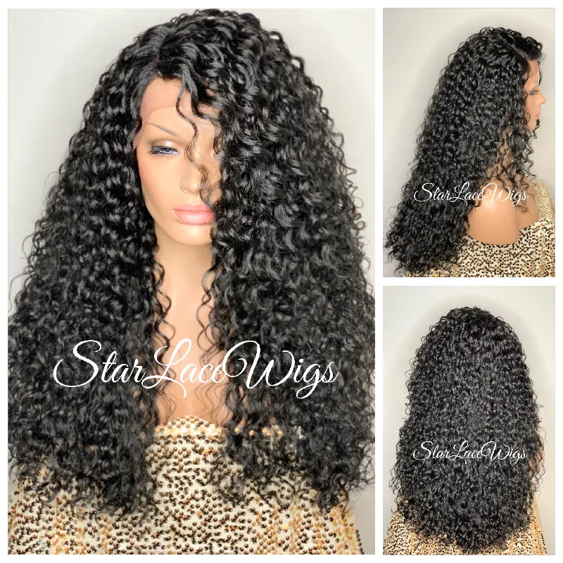 Synthetic Lace Front Wig Black Long Curly Layers Side Part - Madelyn